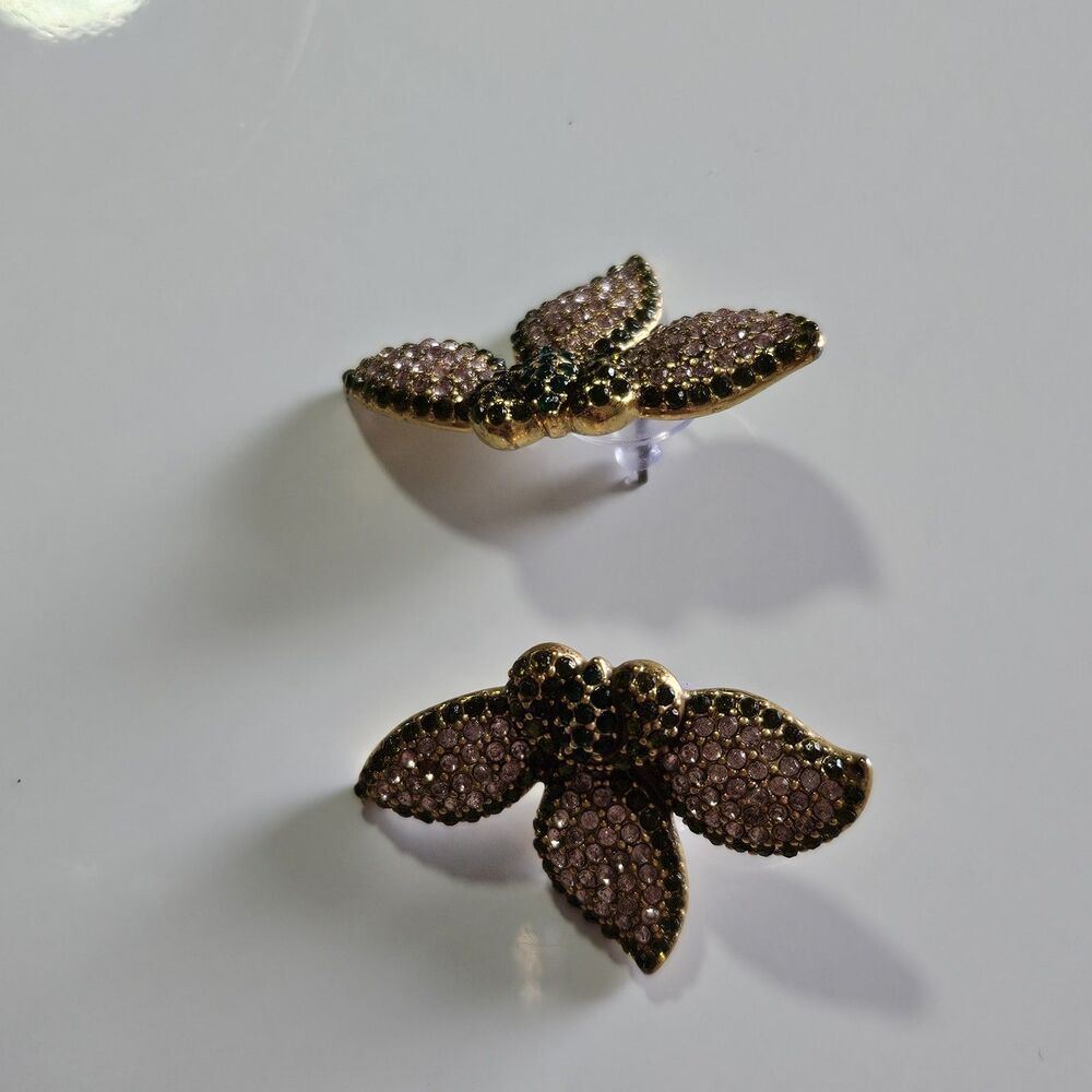 STELLA & DOT Flower Pink Green Pave Rhinestone Pierced Earrings - Picture 10 of 12